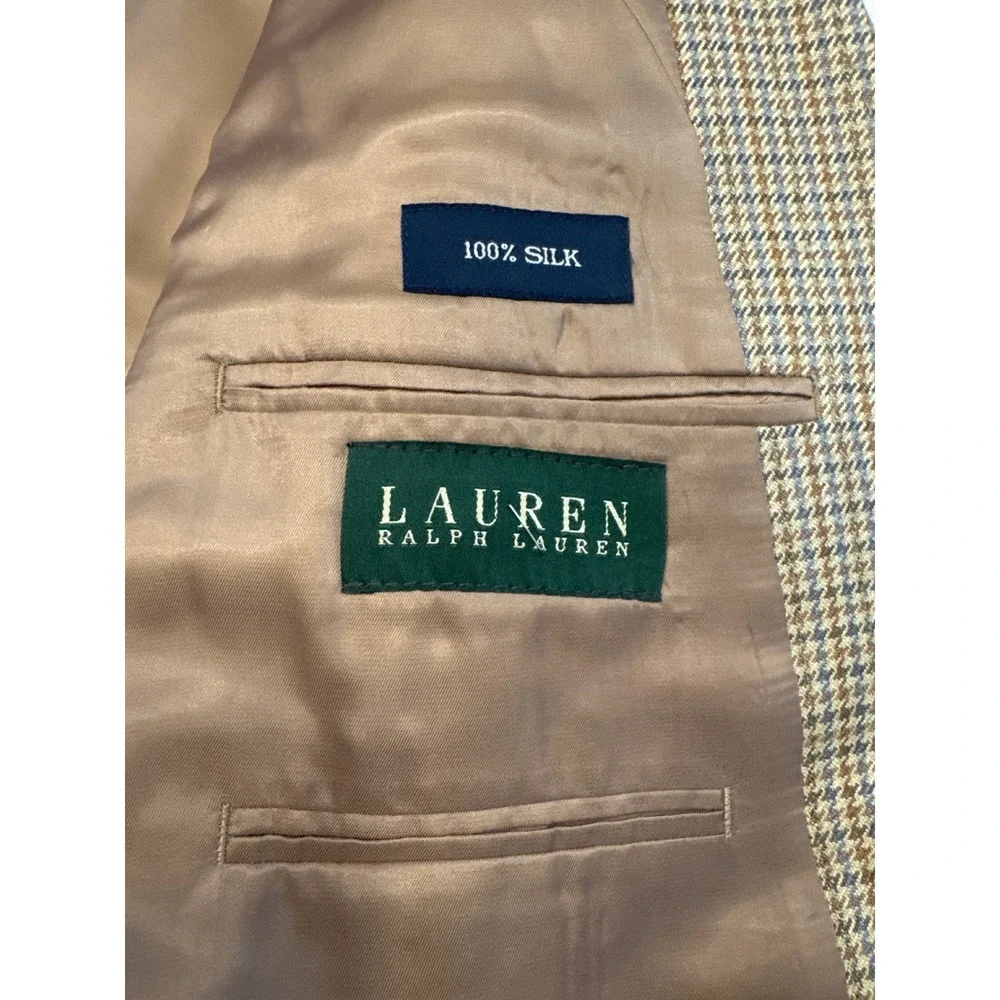 Lauren Ralph Lauren Mens 44R Houndstooth Silk Lined Sport Coat Blazer Tan Brown - Picture 6 of 8